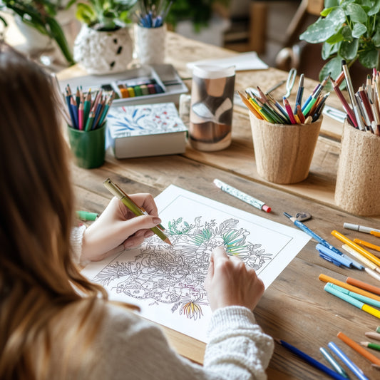 An adult artist sits at a rustic wooden table, coloring a detailed printable coloring book page, surrounded by various coloring tools and an artistic background.