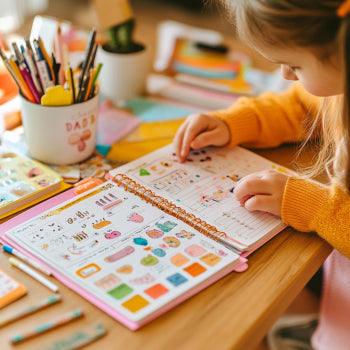 Child happily using a daily planner at a colorful desk, surrounded by stickers and drawings.