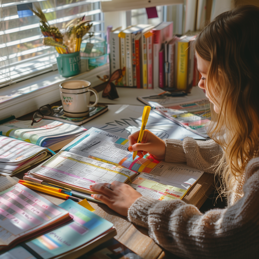 Focused student sitting at desk surrounded by textbooks and stationery, using a colorful planner to organize study schedule and notes.