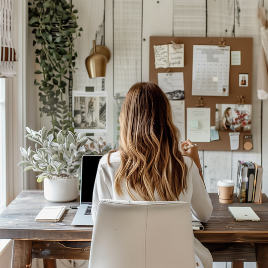 Young professional at home office desk, using open planner with tasks and goals, surrounded by laptop, plant, and bulletin board.