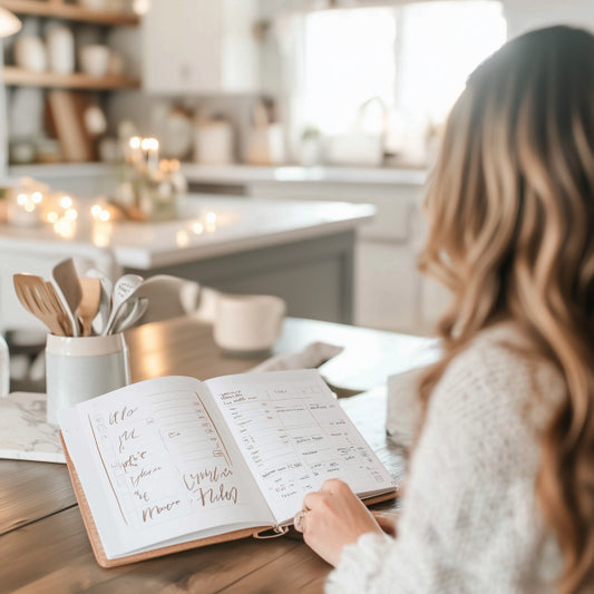 Busy mom using a daily planner in a cozy kitchen, showing to-do lists and motivational quotes.