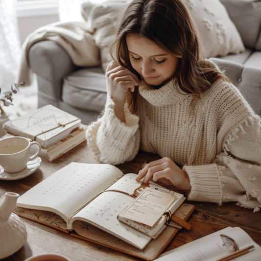 Mother at living room table, using planner with tasks and self-care reminders, surrounded by cozy blankets and cup of tea