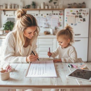 A mother and her young child sit at a bright kitchen table, happily working on a family planner with colorful markers and a tablet.