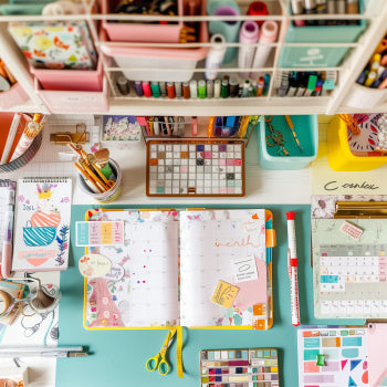 Creative workspace with art supplies and open planner filled with doodles and sketches, surrounded by paintbrushes and sketchbooks.