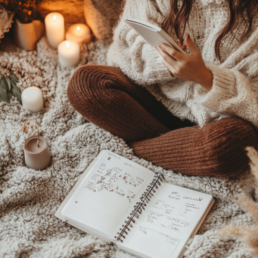 Person using a daily planner for mental health and stress relief, with a calm and peaceful background.