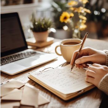 Professional using a weekly planner at a modern office desk, with a laptop and coffee.