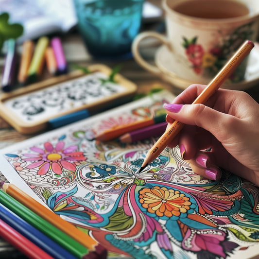 Person coloring intricate design from adult coloring book, surrounded by colored pencils, markers, and cup of herbal tea in peaceful environment.