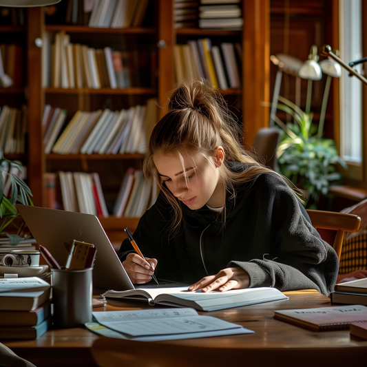 Student Using Planner for Academic Organization in Modern Library