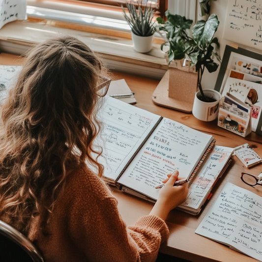 Student using a daily planner to organize their study schedule, with textbooks and notes on the desk.