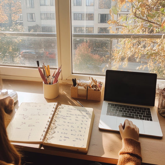 Student using a weekly planner at a study desk with textbooks and a laptop.