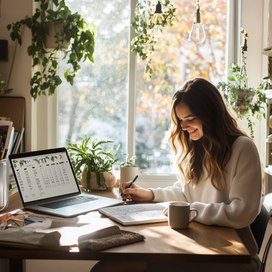 A young professional woman sits in a modern home office, writing in a sleek weekly planner, surrounded by a tidy desk and natural light from large windows.