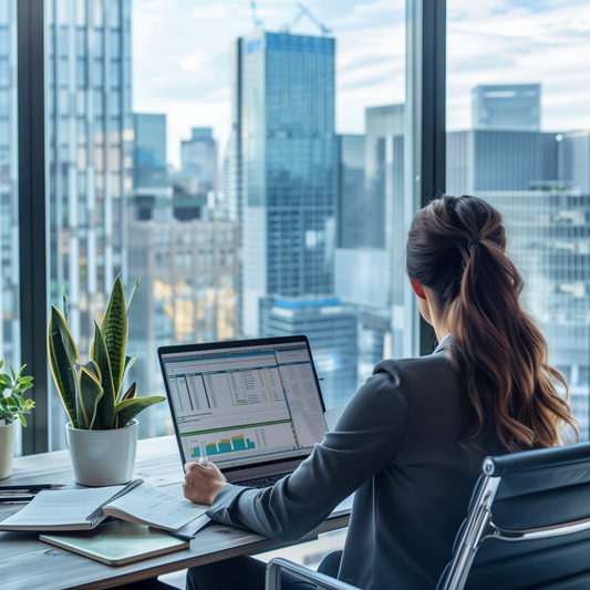 Young professional at modern office desk, using open planner with project timelines and personal goals.