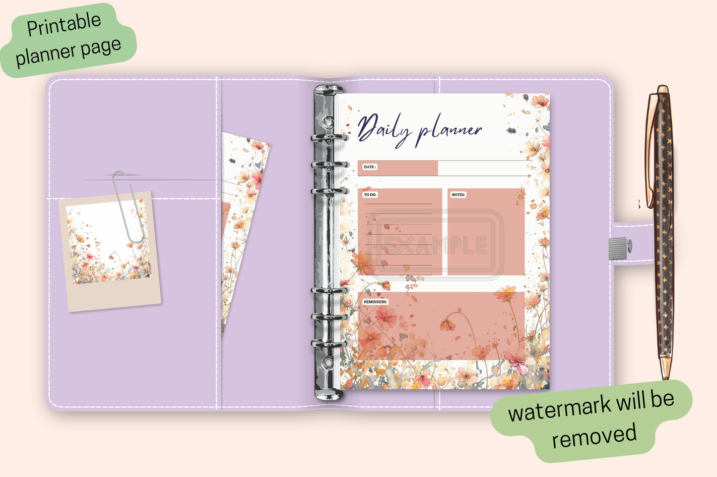 Close-up showing the watercolor wildflower design on the daily planner.