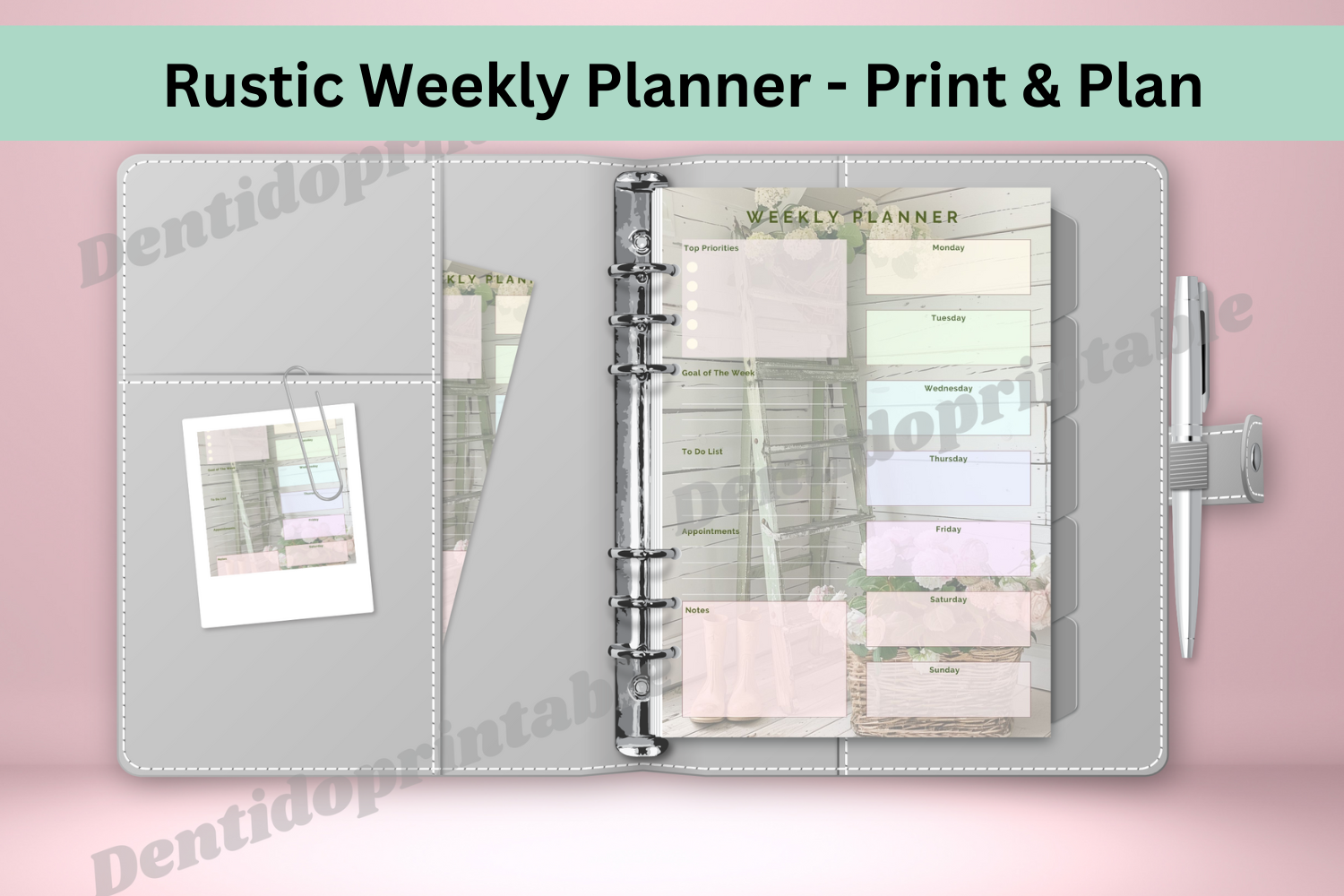 Printable rustic shabby chic weekly planner spread with space for daily tasks and notes.