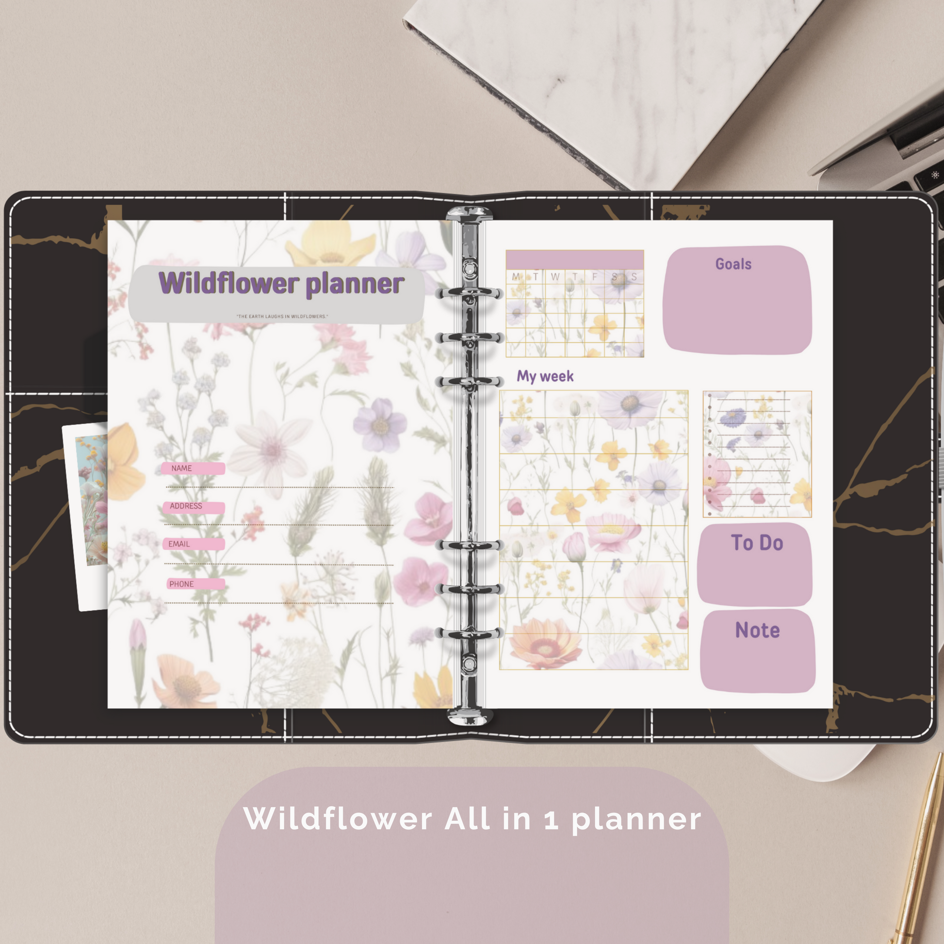 Charming planner cover featuring an array of wildflowers, adding a touch of nature's beauty to your planning routine. Let the vibrant blooms brighten your day as you organize your schedule.