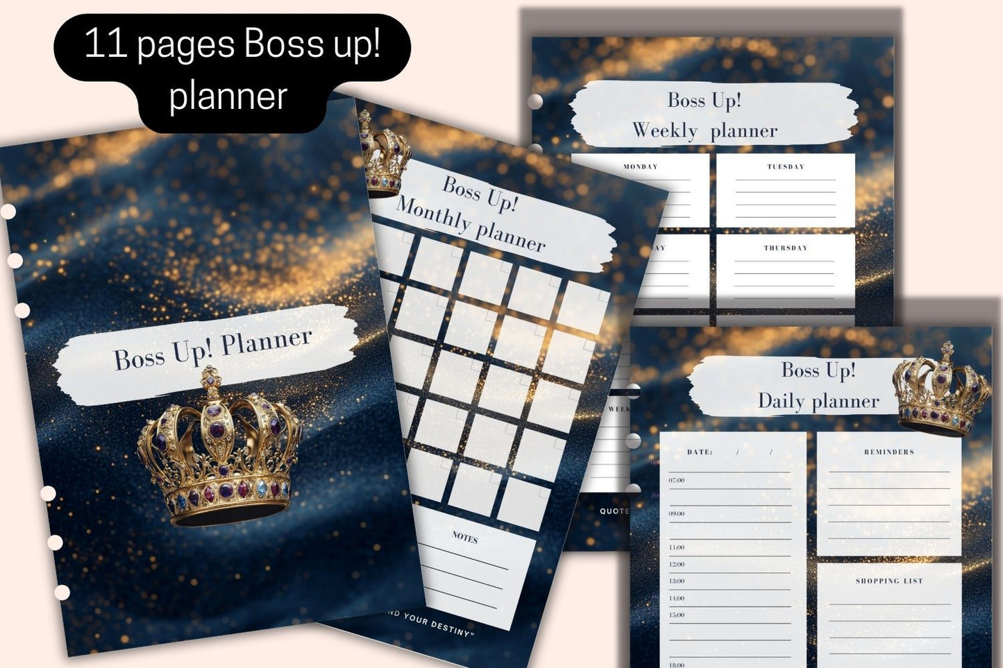 Close-up views of the Boss Up! Planner with various pages for daily, weekly, and note-taking sections.