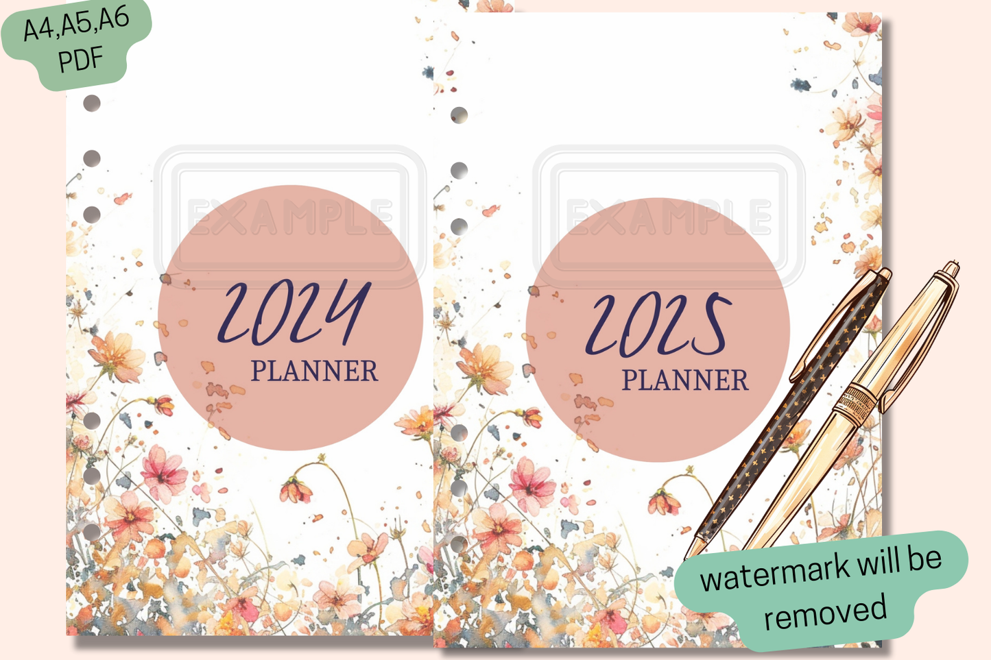 2024-2025 Planner Covers Set - Watercolor Wildflowers Theme - PDF Printable