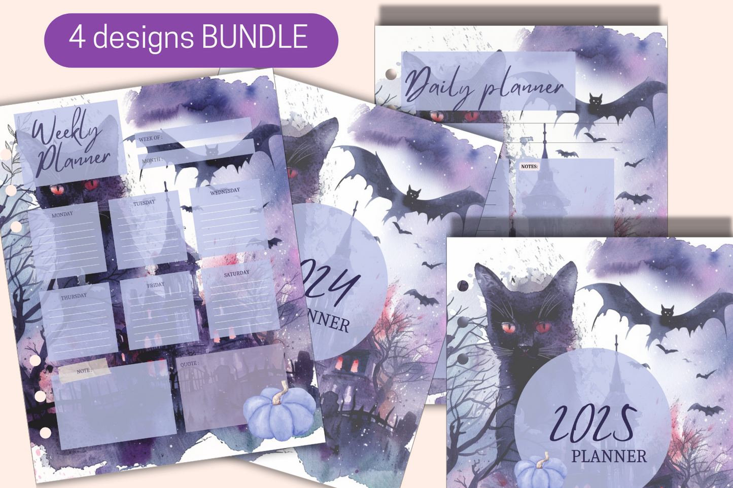 Halloween cat Planner Bundle: Weekly, Daily, and 2024-2025 Covers