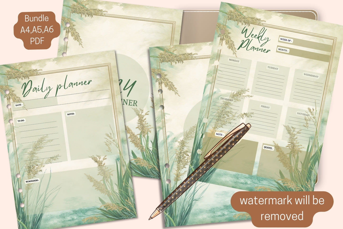 Planner Bundle - Weekly & Daily Planners + 2024-2025 Covers - Watercolor Grass Theme - PDF Printable