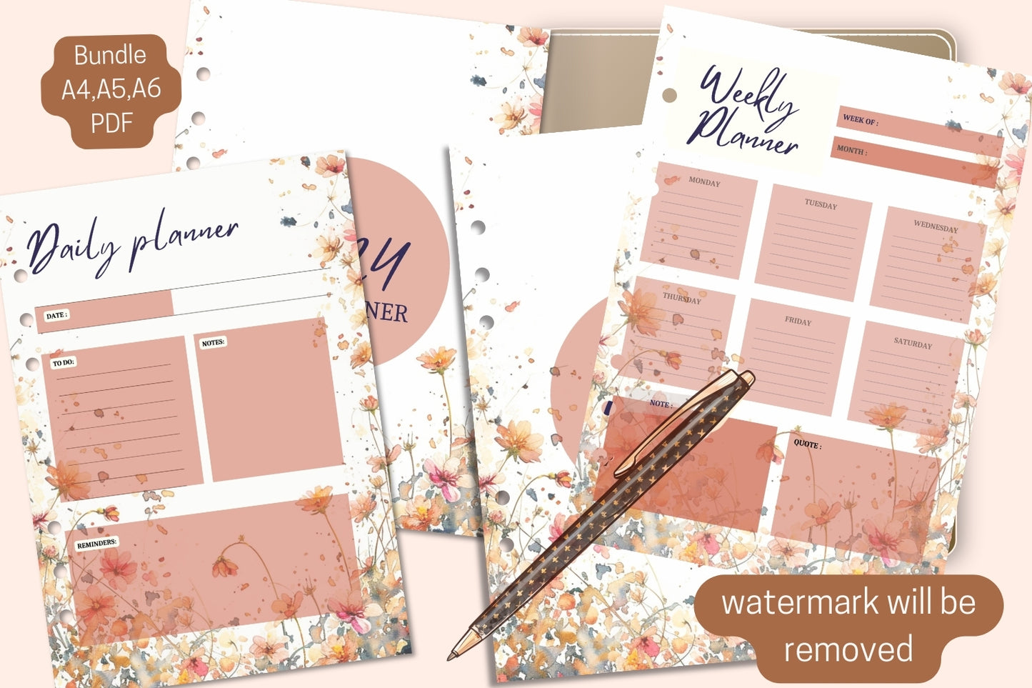 Complete Watercolor Wildflower Planner Bundle - Weekly & Daily Planners with 2024-2025 Covers