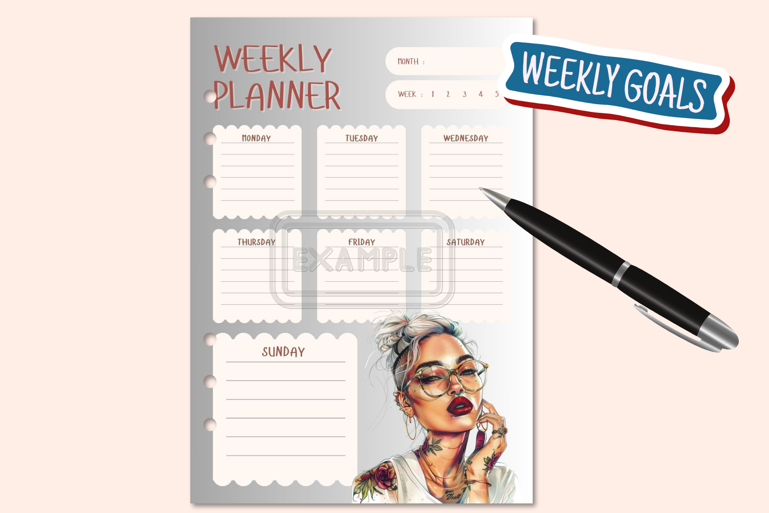 Weekly Planner PDF available for instant download, featuring a bold tattooed woman design."