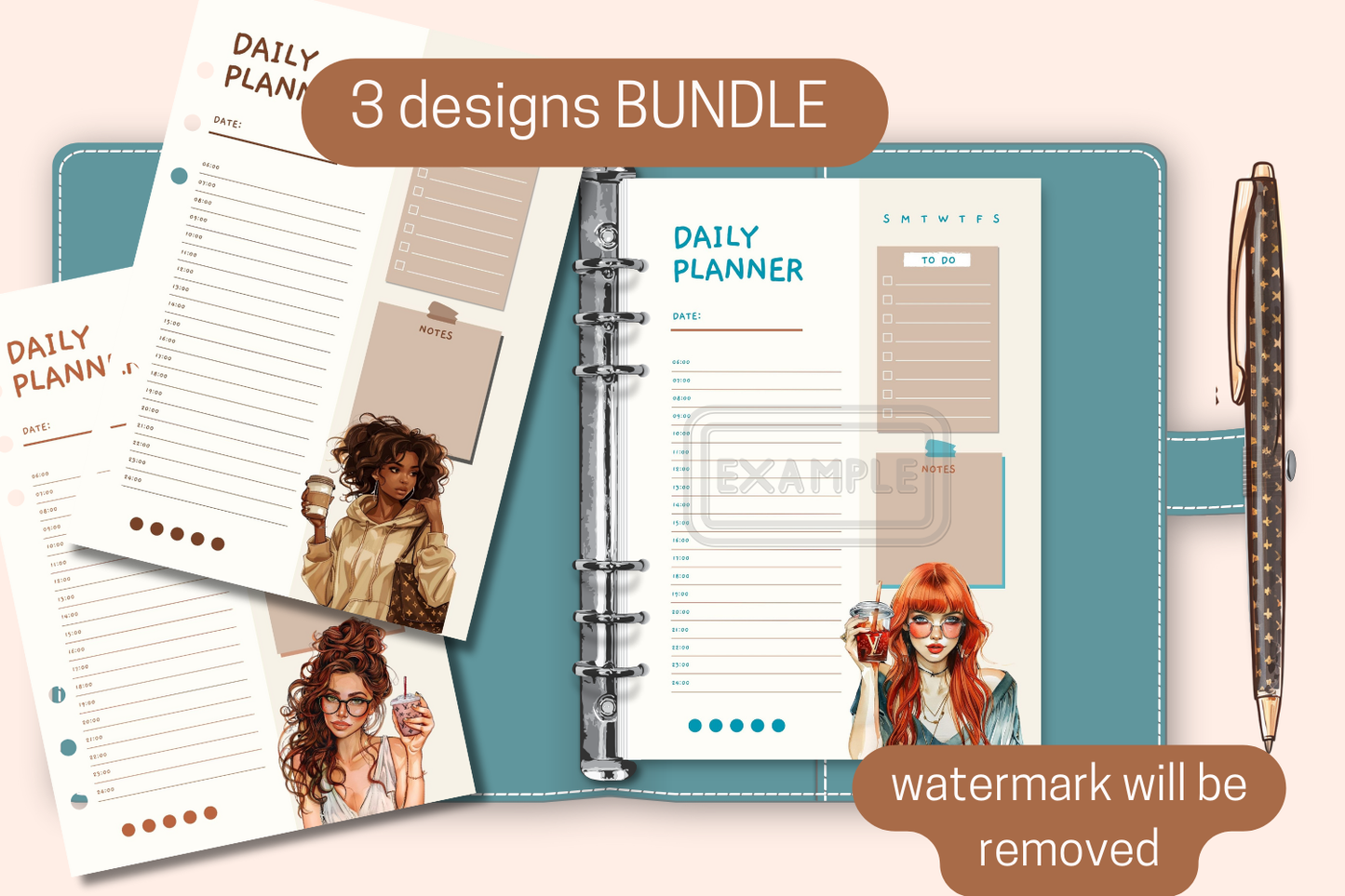 One-Day Planner Bundle with Watercolor Woman - Set of 3