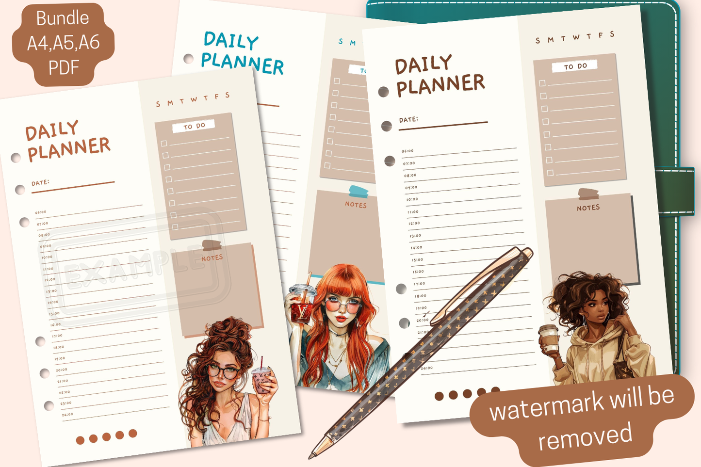 One-Day Planner Bundle with Watercolor Woman - Set of 3