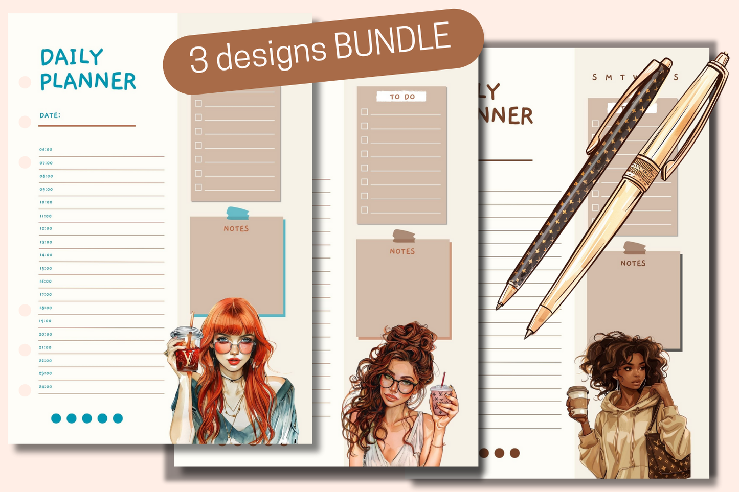 One-Day Planner Bundle with Watercolor Woman - Set of 3