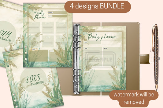 Planner Bundle - Weekly & Daily Planners + 2024-2025 Covers - Watercolor Grass Theme - PDF Printable