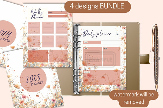 Complete Watercolor Wildflower Planner Bundle - Weekly & Daily Planners with 2024-2025 Covers