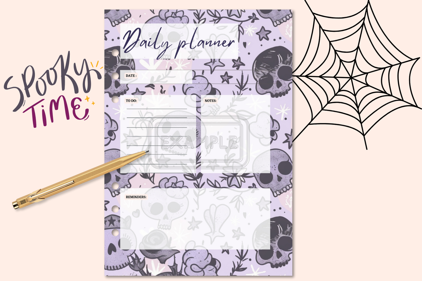 Halloween Skull and Stars Daily Planner in packaging, ready for download.