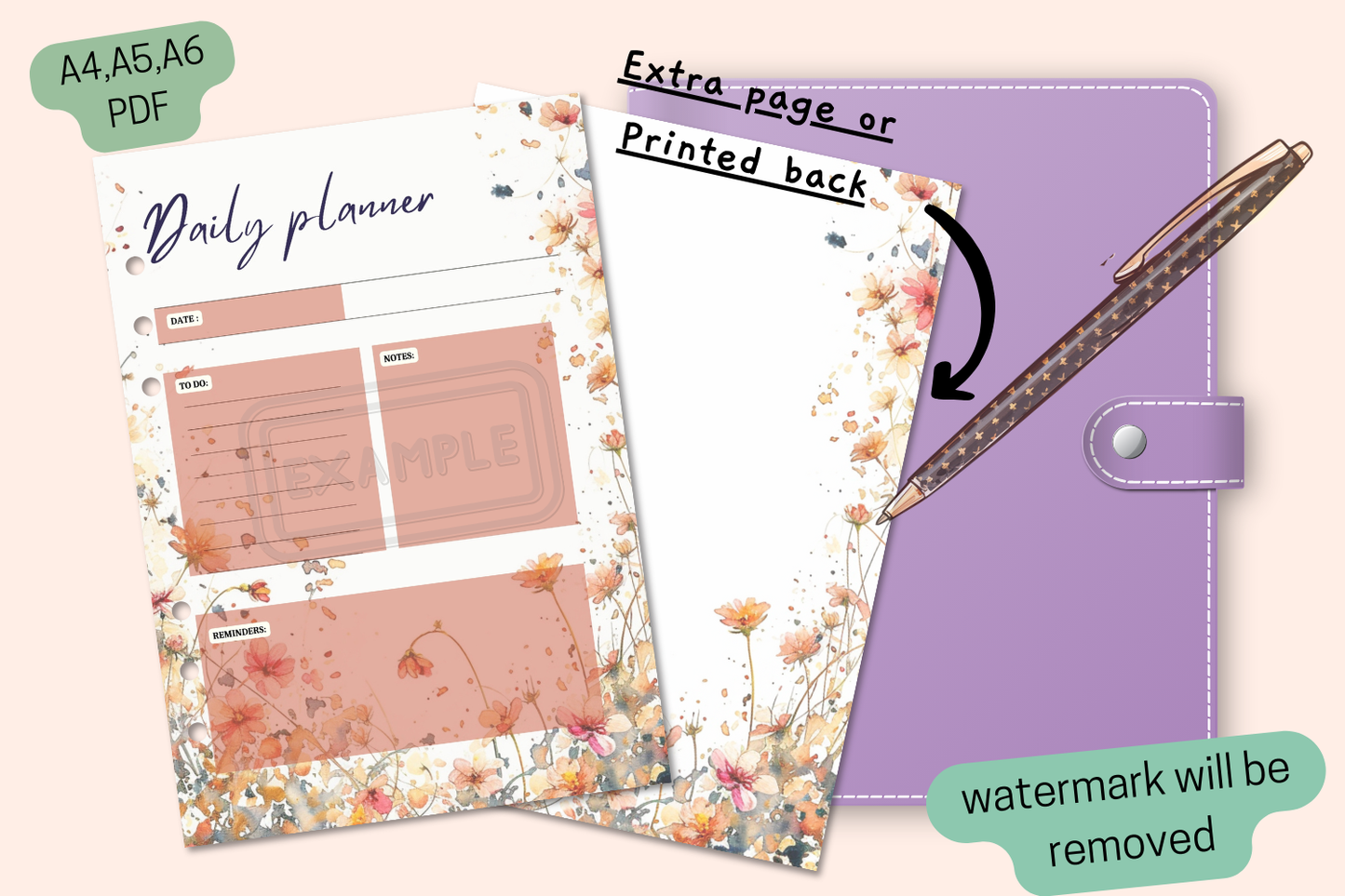  Display of the Watercolor Wildflowers Daily Planner with an extra divider page.