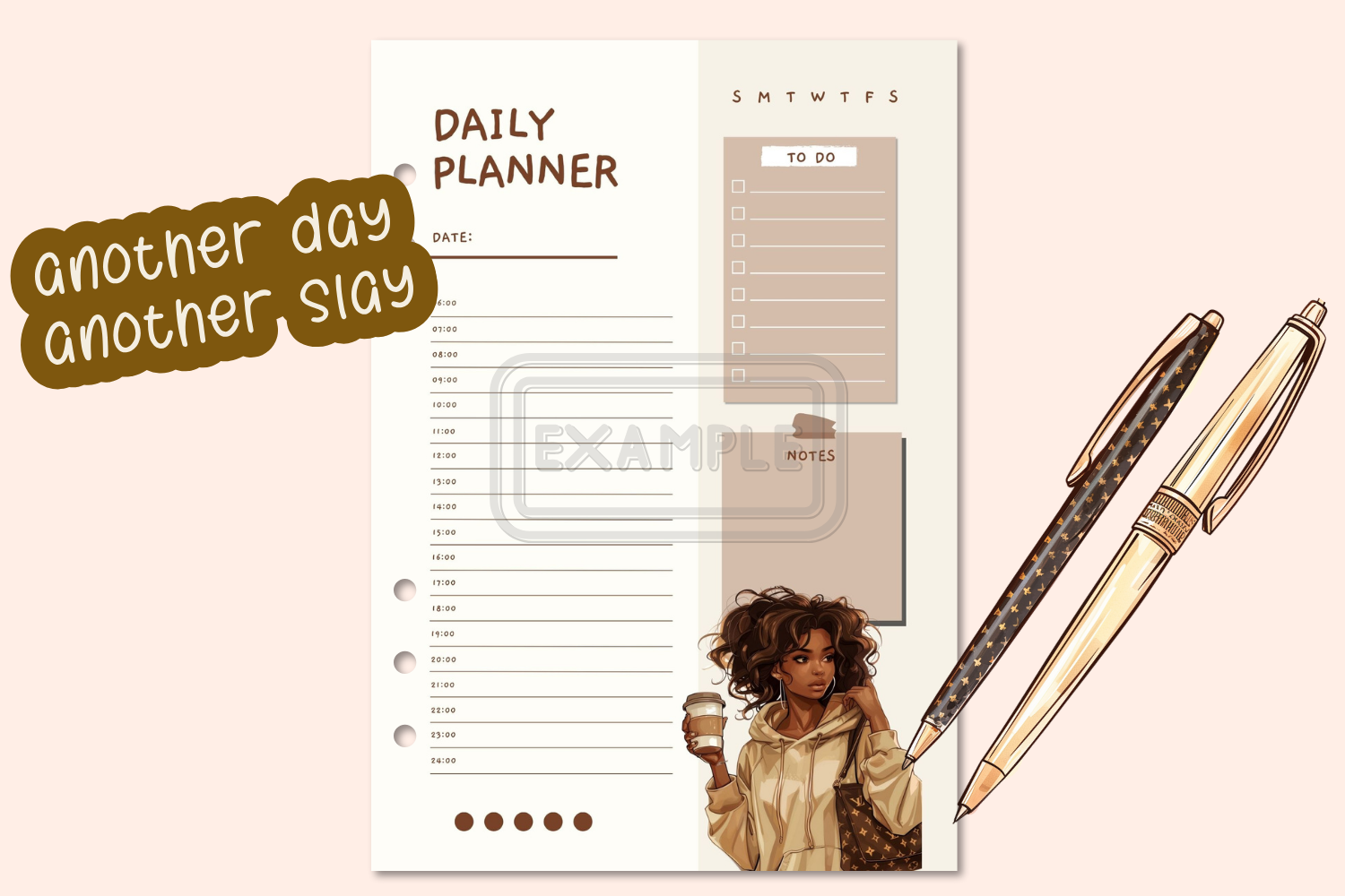 Detailed view of the chic design on the Curly-Haired Woman Daily Planner.