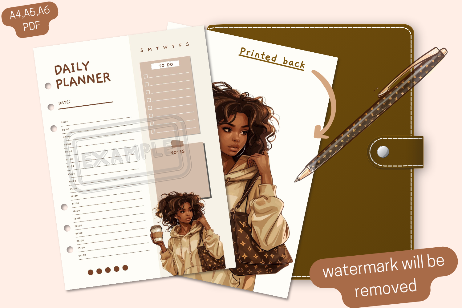 Full view of the Stylish Curly-Haired Woman Daily Planner in watercolor.