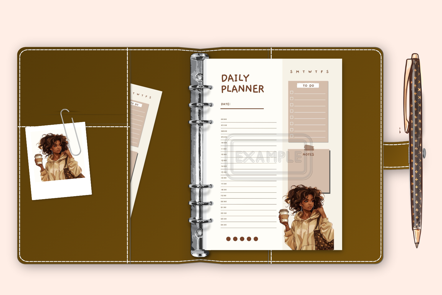 Stylish Curly-Haired Woman Daily Planner displayed with watercolor design.