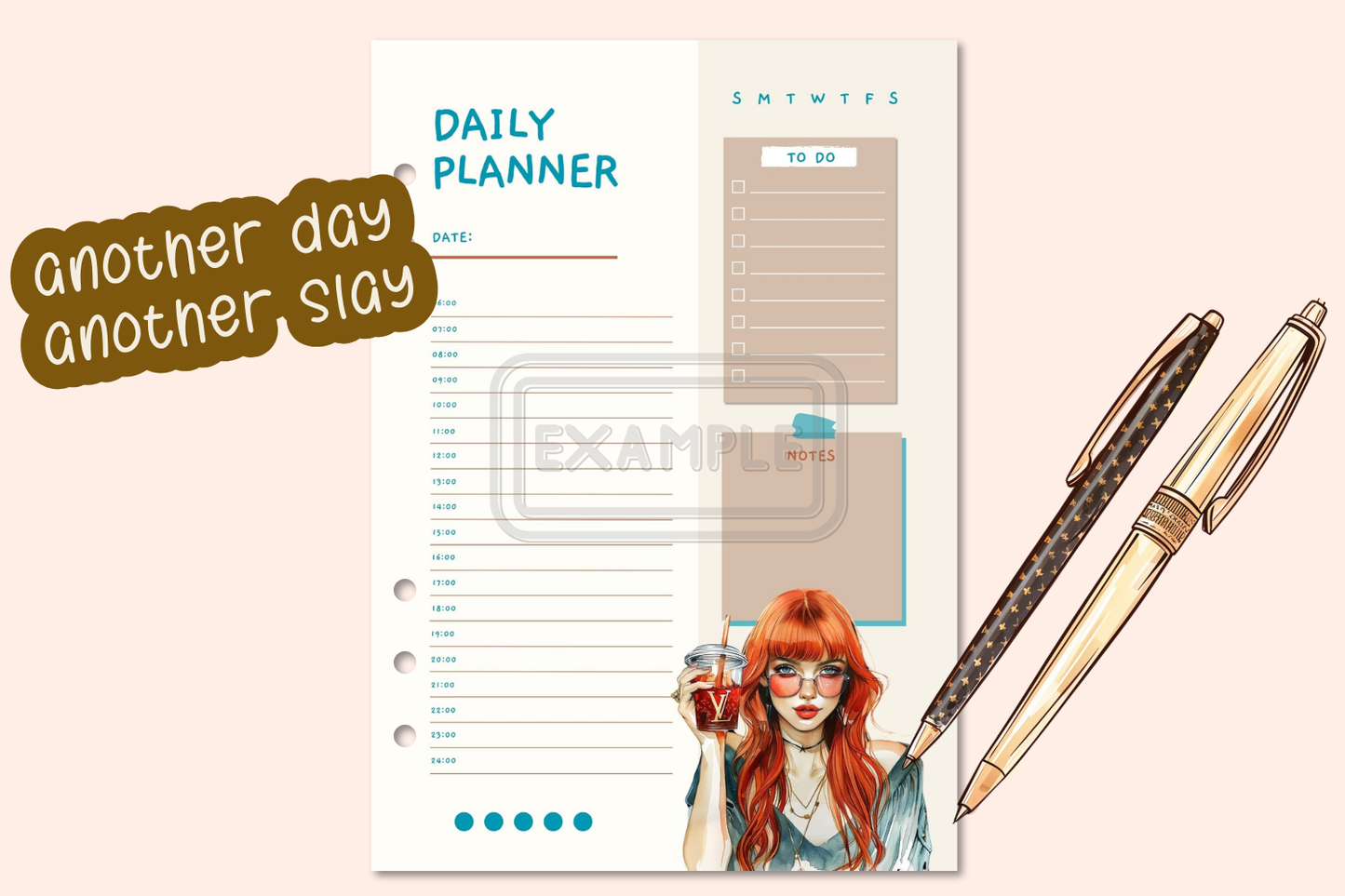 Detailed view of the elegant design on the Long Red Hair Woman Daily Planner.