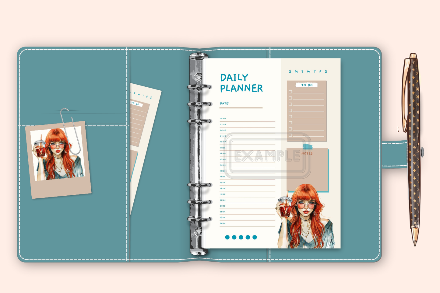 Elegant Long Red Hair Woman Daily Planner displayed with chic design.