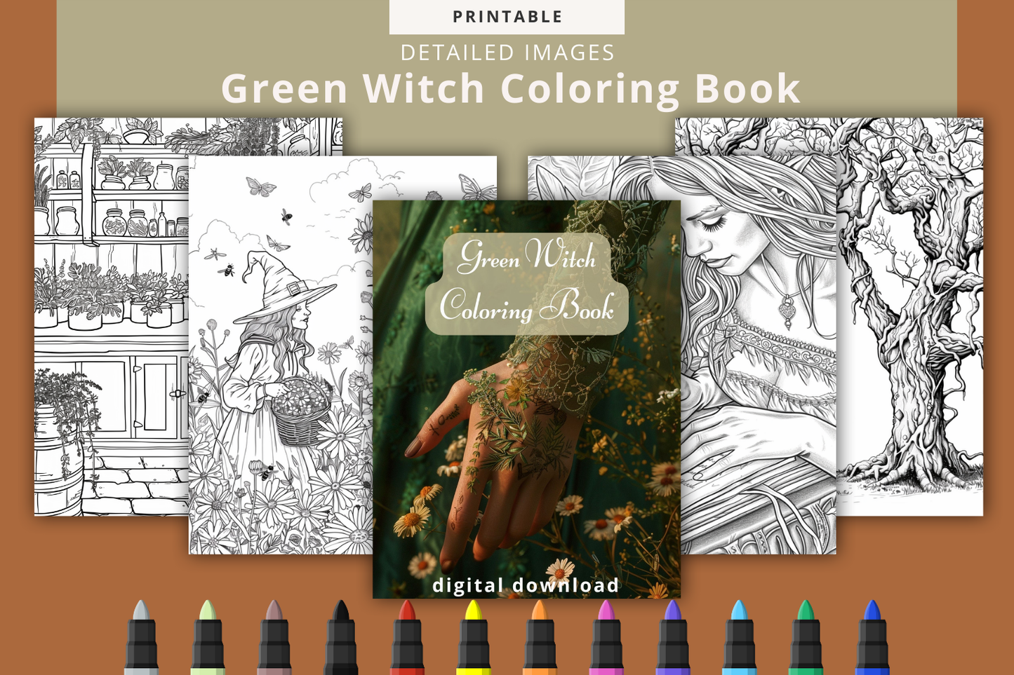 Green Witch Coloring Book - 77 Printable Pages for Adults - Only €3.50!