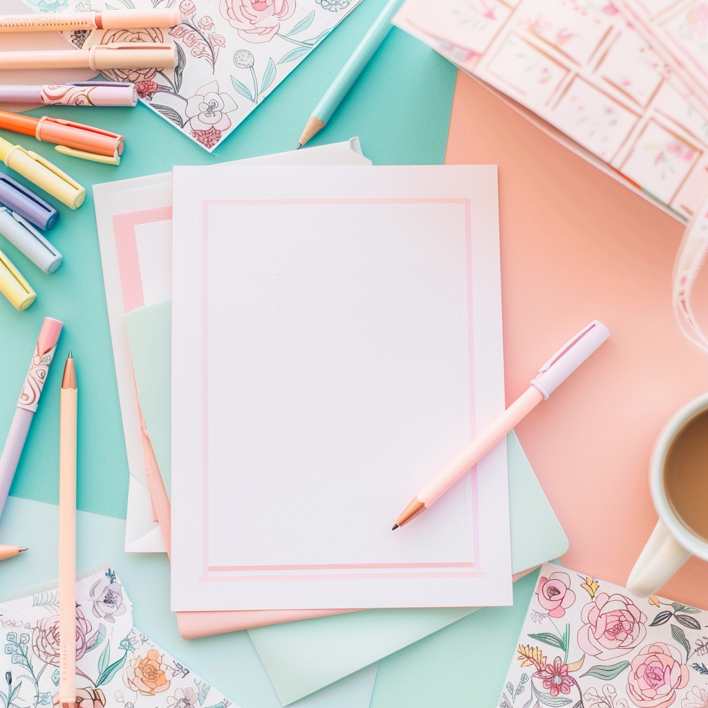 Desk with free printable planner pages and coloring sheets. Colorful pens and coffee cup on a pastel background.