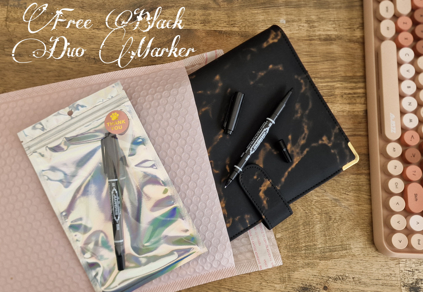 A5 PU Leather Binder black and gold marble 6-Ring Notebook with Stylish Design & Free Marker