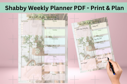 Elegant shabby chic weekly planner cover in PDF format, undated and ready for printing.