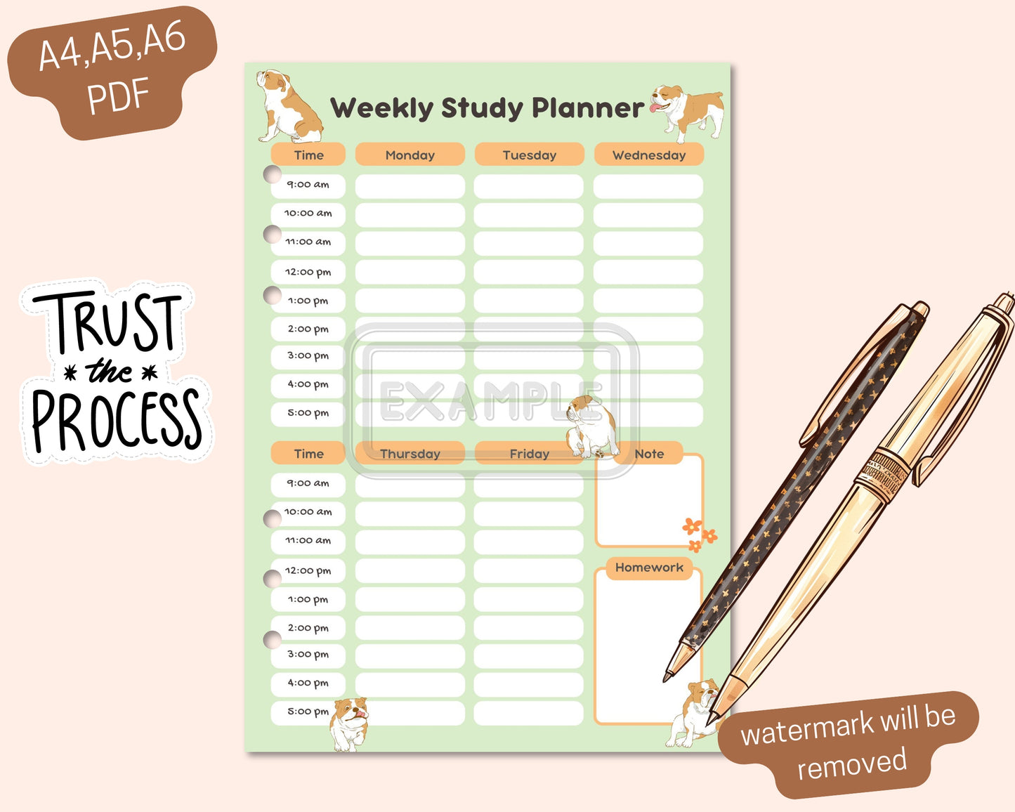 Weekly Study Planner with English Bulldogs - Digital Download