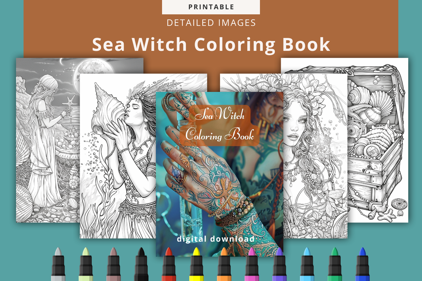 Sea Witch Coloring Book - 77 Printable Pages for Adults - Only €3.50!