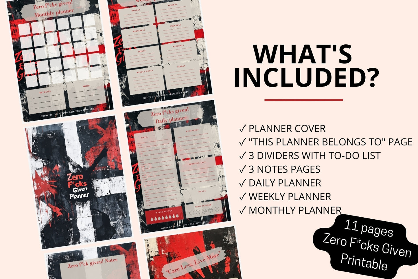 Detailed view of the Zero F*cks Given Planner layouts, featuring unique designs for different planning needs.