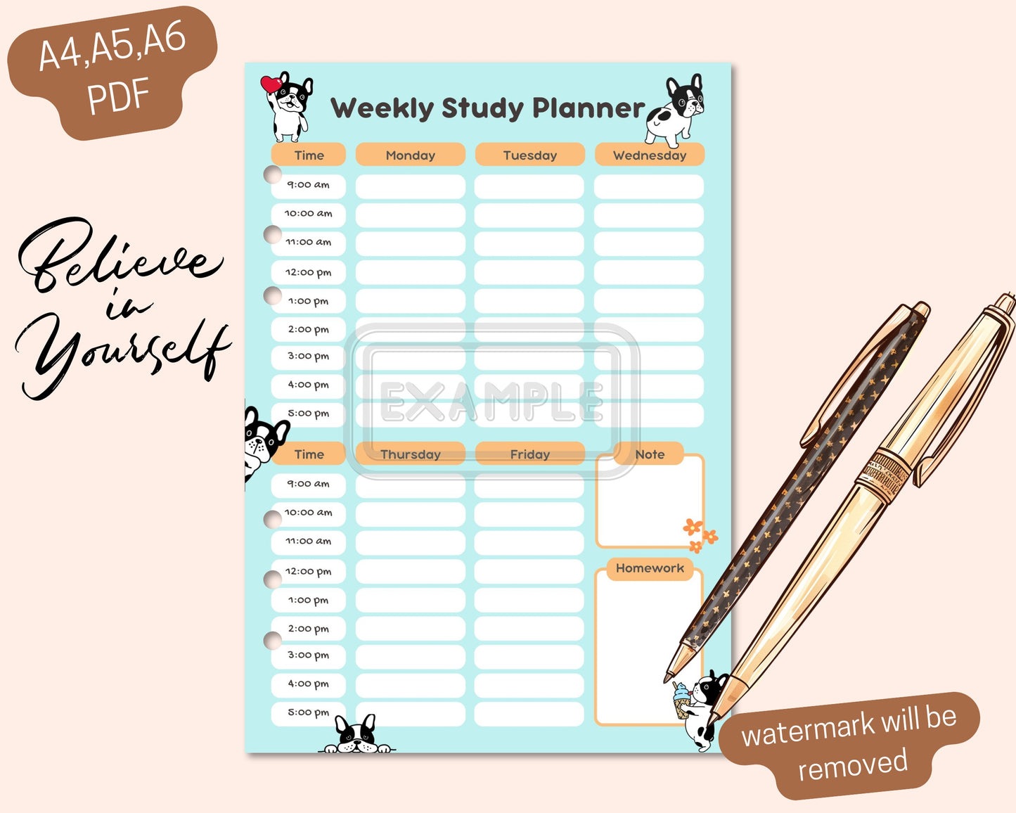 Weekly Study Planner with French Bulldogs - Digital Download