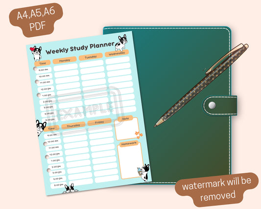 Weekly Study Planner with French Bulldogs - Digital Download