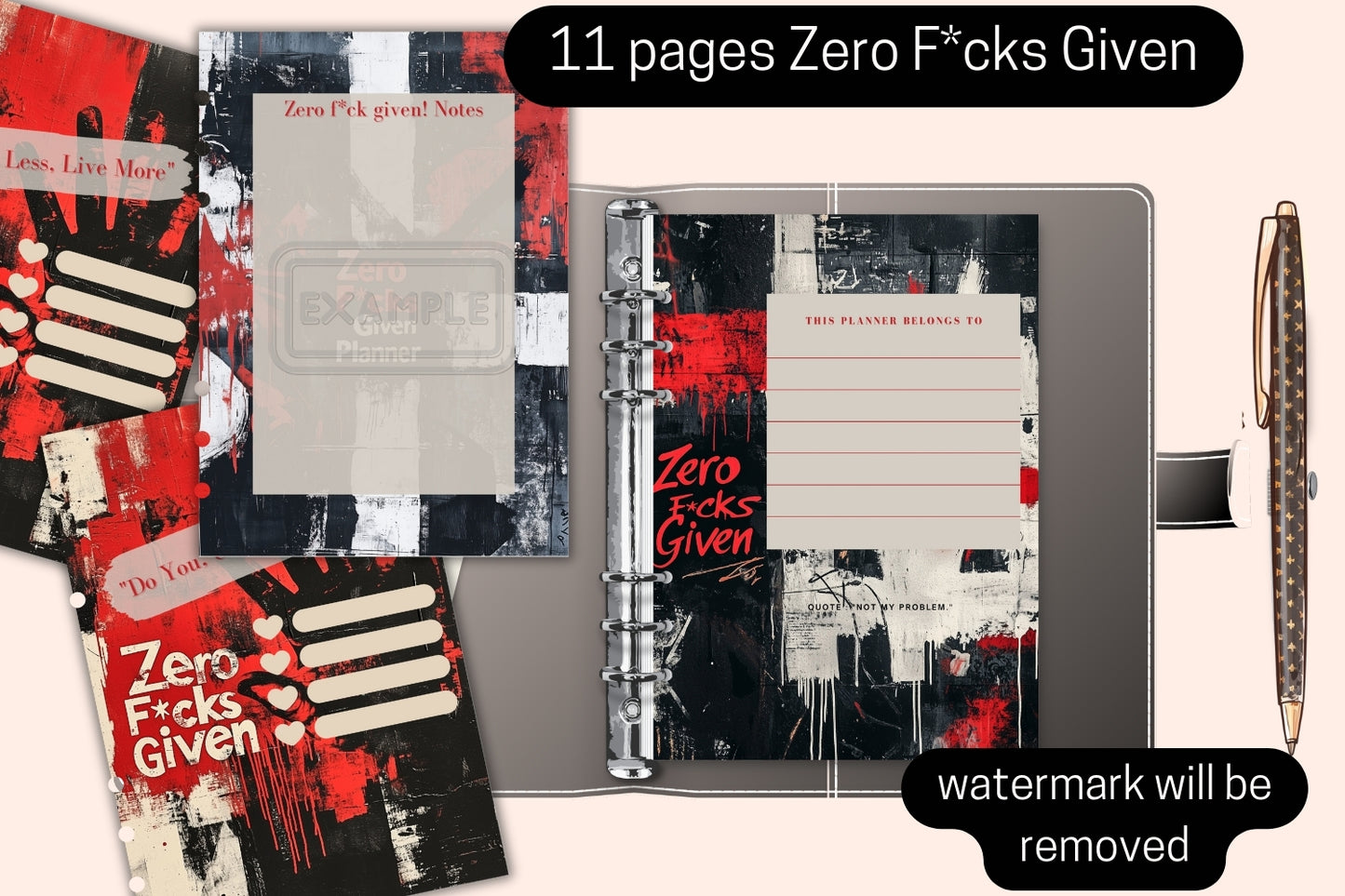 Mockup showcasing the organization features of the Zero F*cks Given Planner, including notes and to-do list sections.