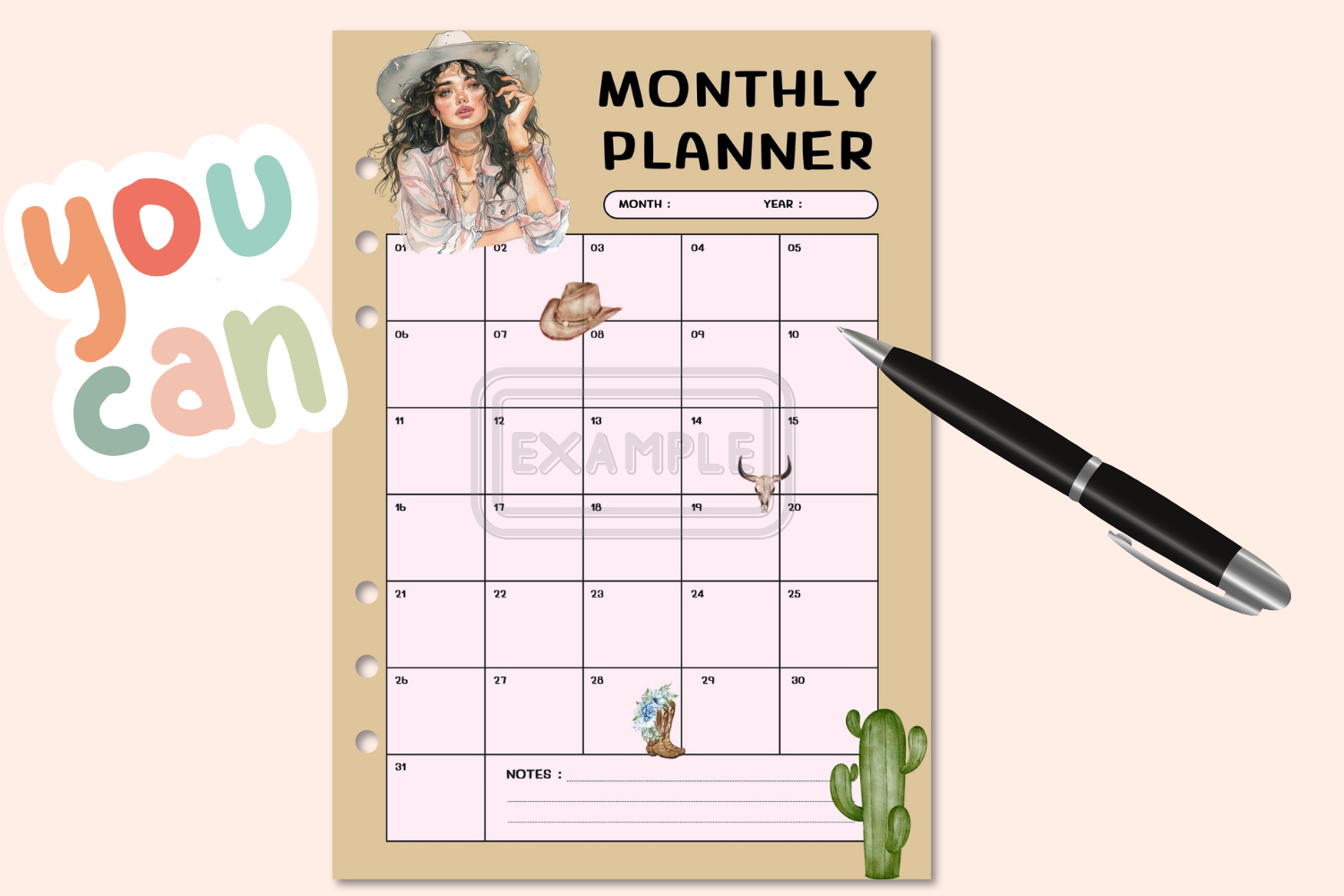 Interior pages of the Monthly Planner showcasing a rustic and charming design for monthly planning.