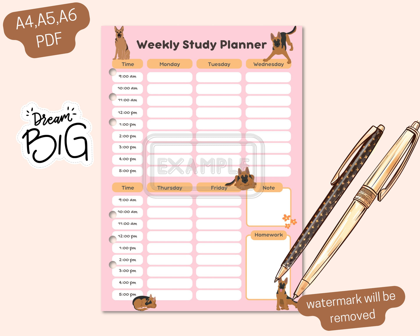 Weekly Study Planner with German Shepherds - Digital Download