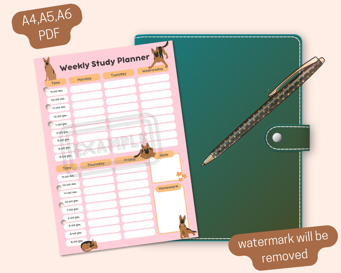 Weekly Study Planner with German Shepherds - Digital Download